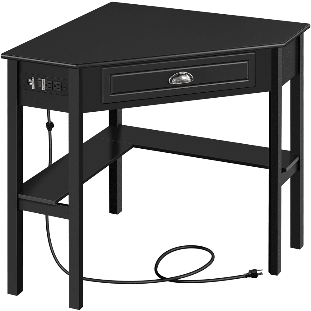 Renwick Modern Corner Computer Desk with Power Outlet and Drawer, Black