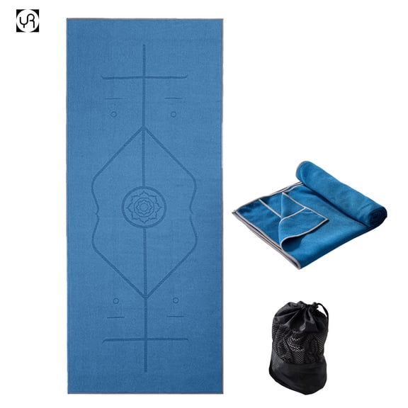 YR Yoga Mat Towel with Alignment Lines, 72''x24'' Non Slip Hot Yoga Towels for Gym Pilates with Carrying Bag, Blue