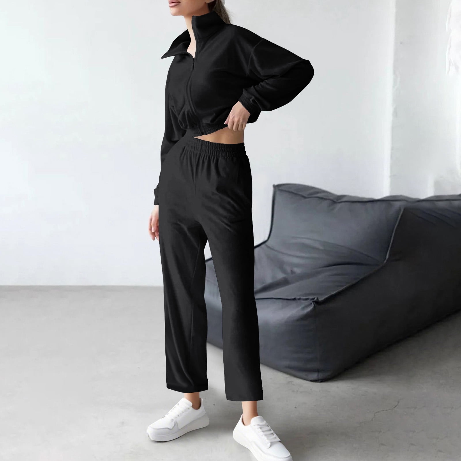 UPPADA Womens Two Piece Sweatshirts Set 2 Piece Long Sleeve Zip Up Tops Casual Loose Pant Outfits Set Ladies 2 Piece Pants Sets Casual Spring Lounge Set Black,M