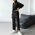 thumbnail image 3 of Women's Velvet Tracksuits 2 Piece Outfits Long Sleeve Lapel Collar Full-zip Crop Jacket and Wide Leg Pant Sets (M, Black), 3 of 3