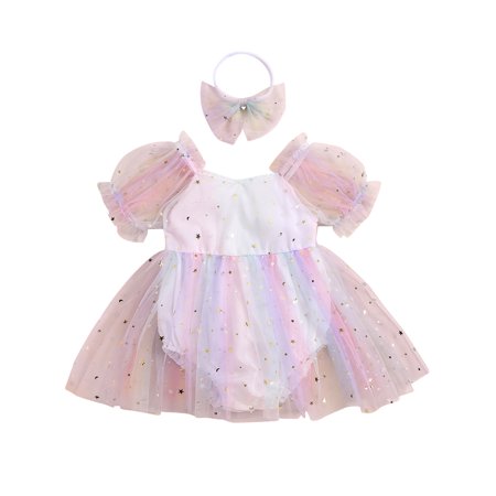 

FEORJGP Toddlers Baby Girl 2Pcs Fall Outfits Infant Short Puff Sleeve Romper Dress Contrast Color Romper Tulle Dress Square Neck Bodysuit Dress with Hrn Cute Princess Dress Clothes for Party