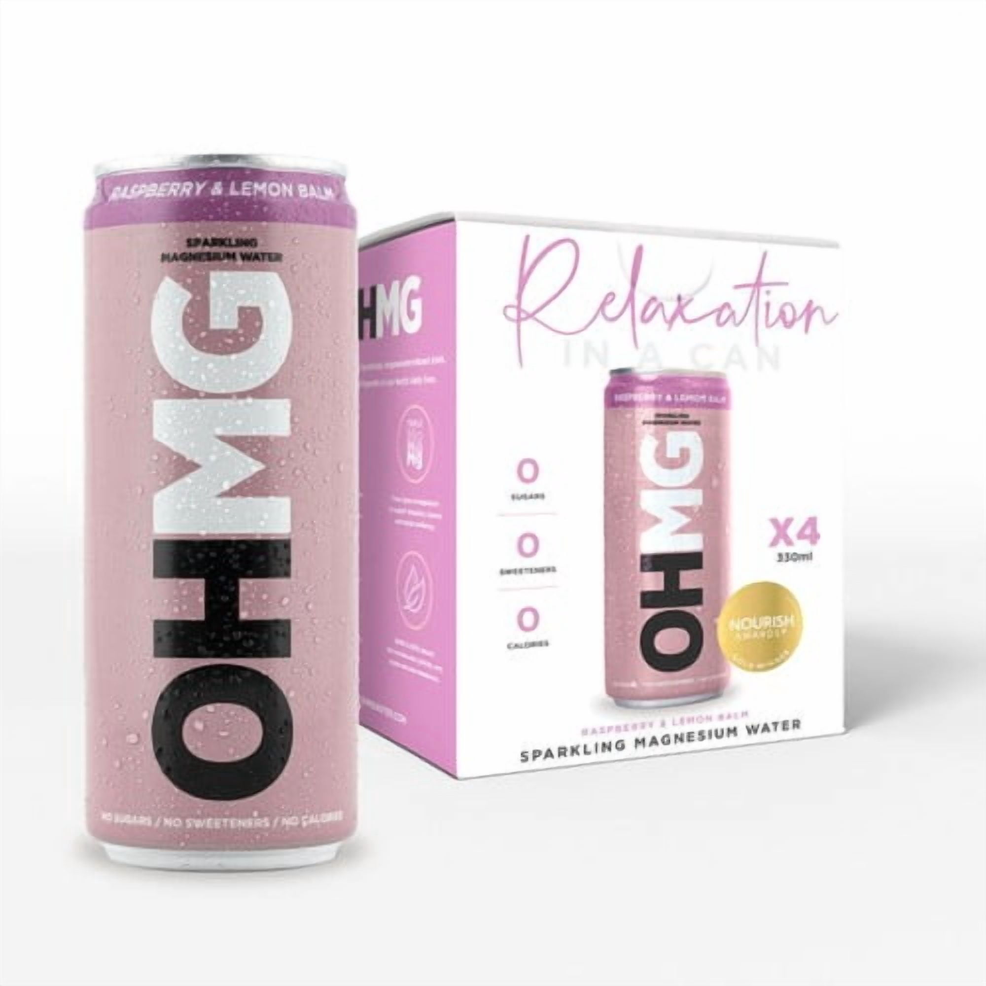 OHMG Raspberry sparkling magnesium water 4 x 330ml, British Import (Pack of 2)