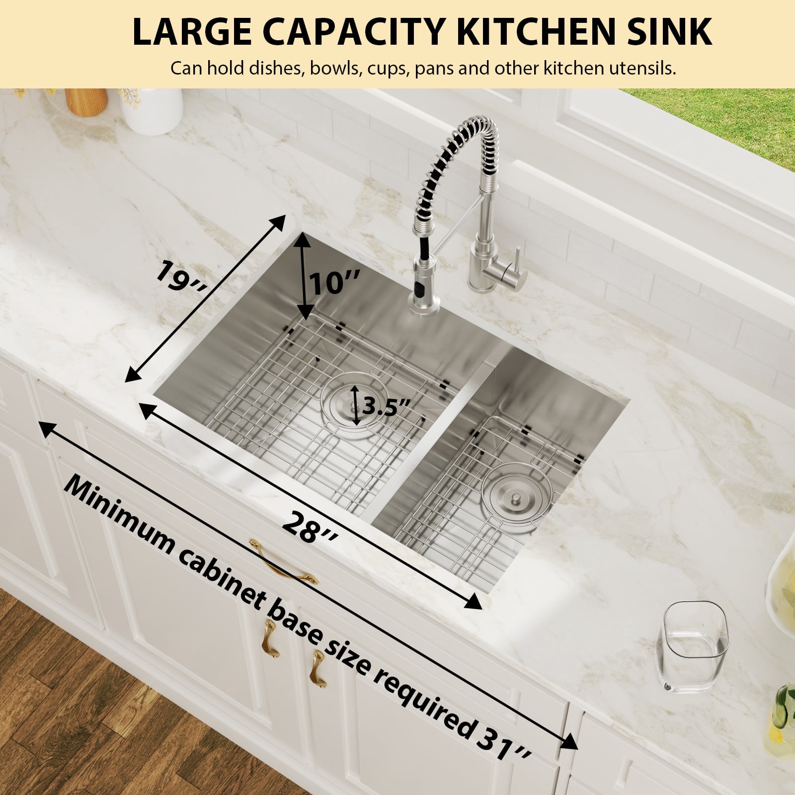 30 in. Undermount 60/40 Double Bowl 16-Gauge Stainless Steel Low Divided Kitchen Sink with 2 Pcs Bottom Grids/Drains