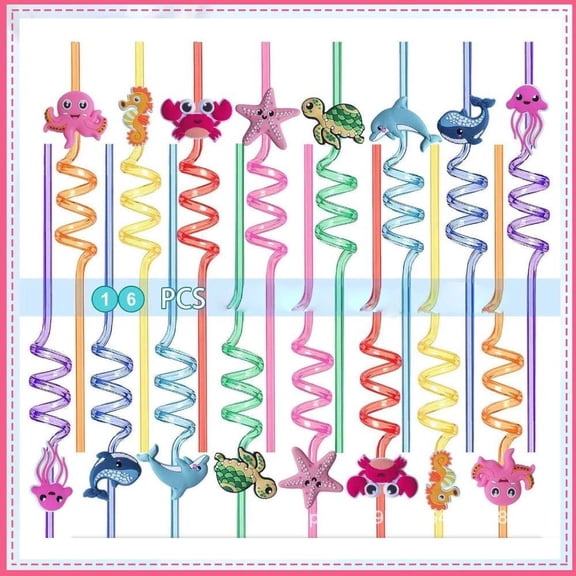 Reusable Sea Animal Straws - 16 PCS Plastic Ocean Creature Drinking Straws for Kids Party Decorations - Beach Ocean Themed Party Supplies
