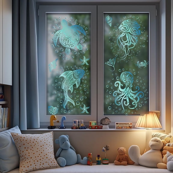 Static Window Clings Octopus and Turtle 1 Sheet Reusable Window Decals for Glass 47.24" x 11.8" Removable Double Sided Window Sticker for Room Office Home Decoration