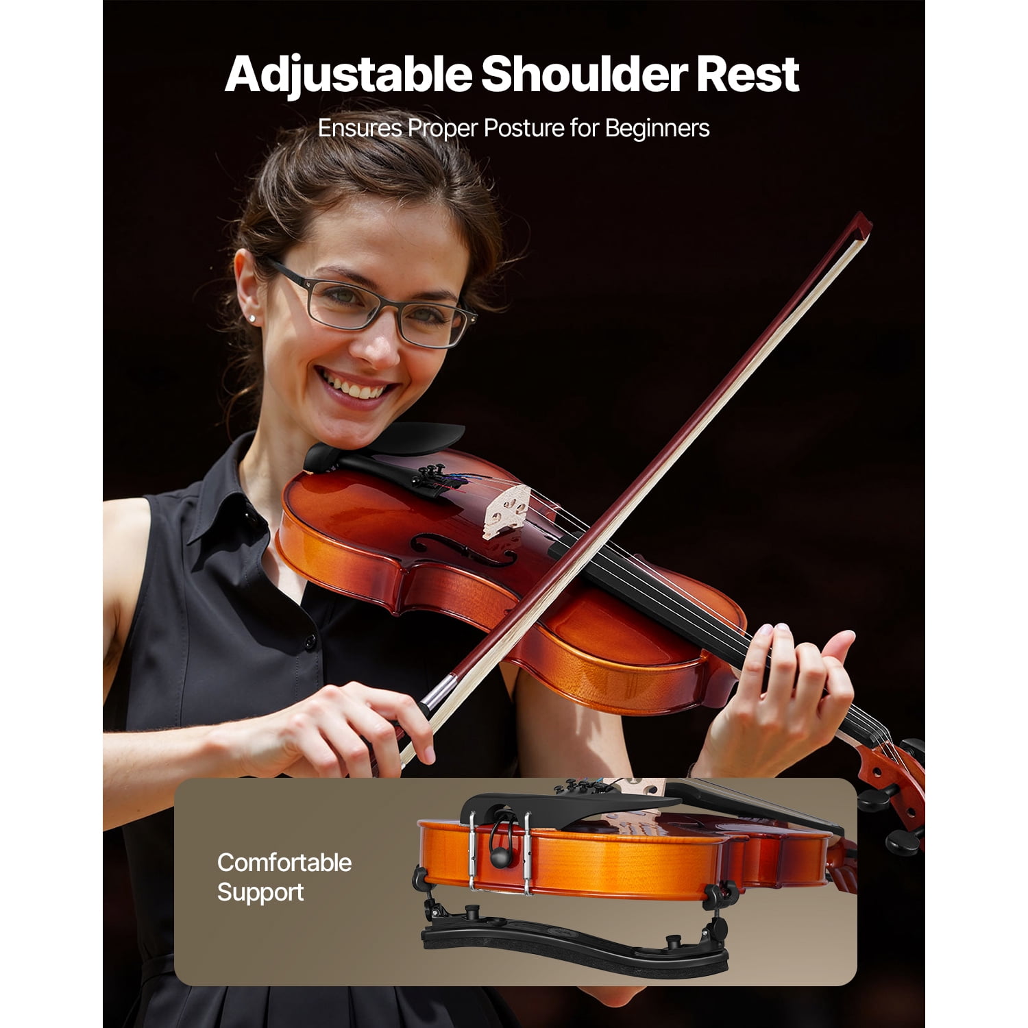 KFFKFF Full-Size 4/4 Violin for Adults, Beginner's Fiddle Set with Case, Rosin, Bow, Shoulder Rest, Bridge, Extra Strings, Solid Wood Musical Instrument (Glossy Brown)