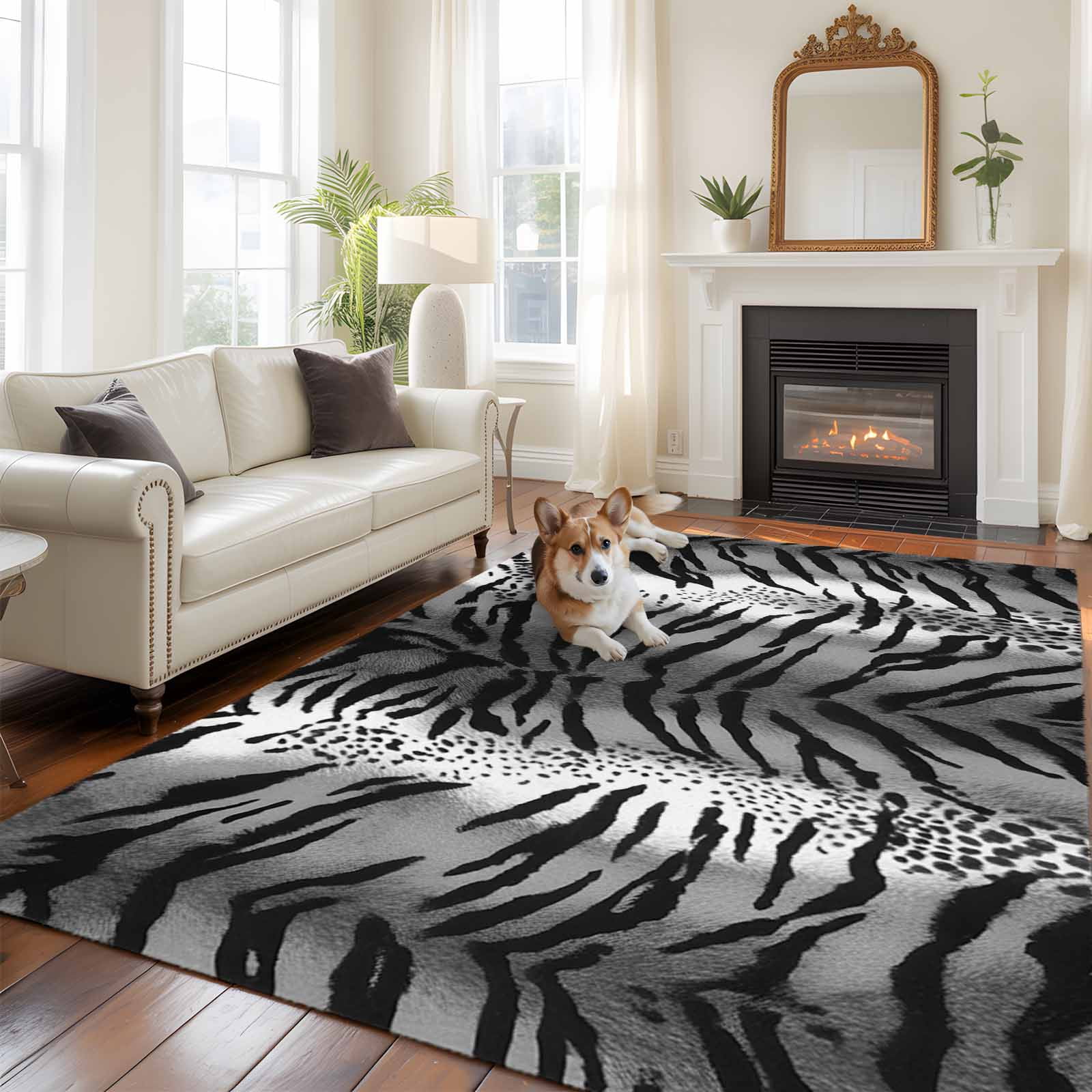Leopard Stripes Area Rugs 8'x10', Washable Small Throw Rugs for Living Room Patio, Vintage Black White Animals Texture Indoor Outdoor Rug Non-Slip Low Pile Carpet Runner Reversible Floor Mats