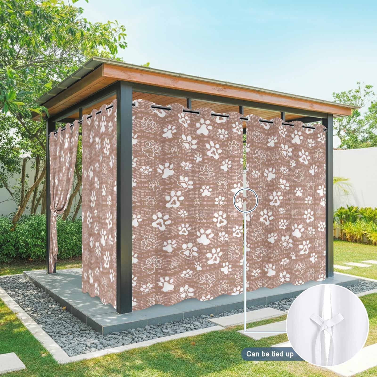 Brown Paw Print Outdoor Curtains for Patio, Modern Classic Gray White Animal Large Paw Pattern Plaid Sunshade Privacy Drapes Grommet Waterproof Outside Curtains for Porch Balcony 54"x108", 1 Panel