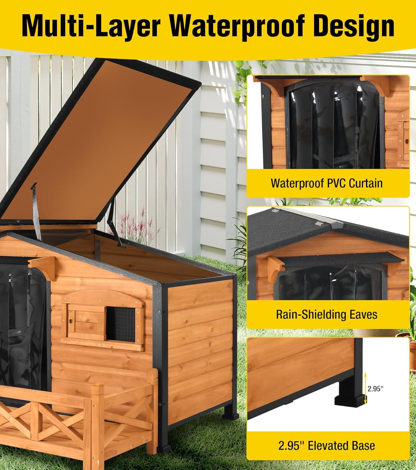 Aivituvin Dog House Outdoor with Anti-Chewing Metal Frame, Wooden Dog Kennel with Sliding Window, Detachable Floor, Weatherproof Roof - Natural