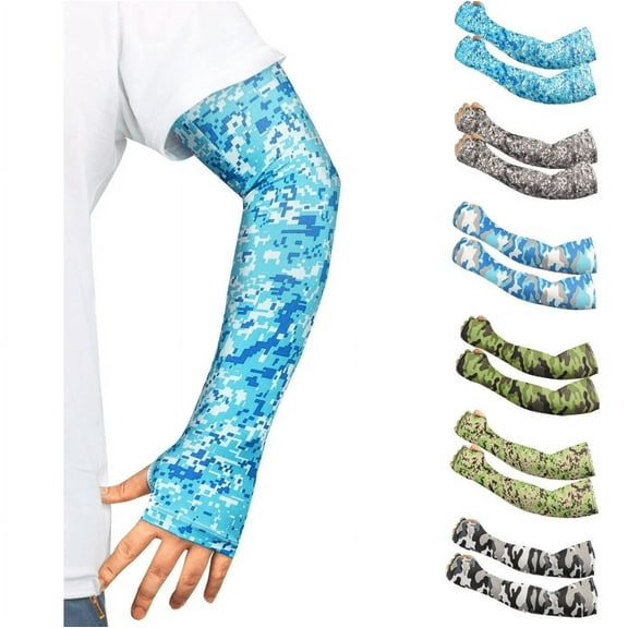 1 Pair Unisex Cooling Arm Sleeves, UV Sun Protection Camouflage Arm Sleeves Arm Covers with Thumb Hole for Outdoor Sports Basketball Driving Cycling Golf Fishing