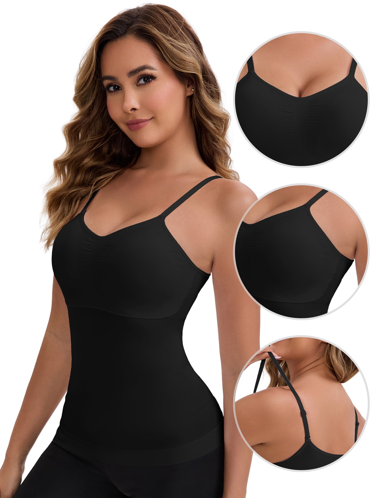 DARING DIVA Women's Long V-Neck Padded Camisole Seamless Slim Fit Tank L Black
