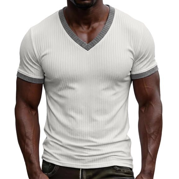 V Neck T-Shirt Men Knitted Ribbed Short Sleeve Casual Athletic Workout Pullover Tops Fathers Gift S-3XL
