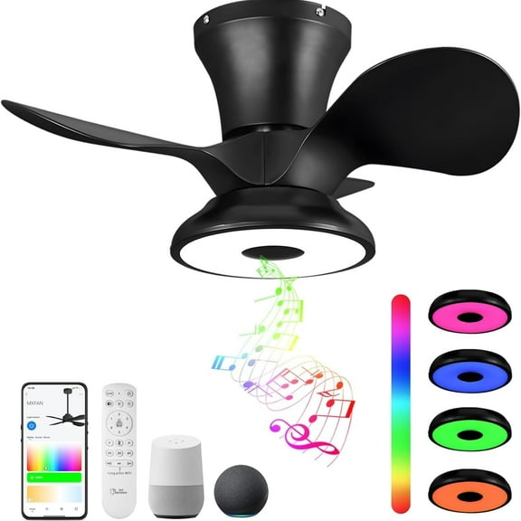 Smart Wifi Flush Mount Ceiling Fan With Lights,Bluetooth Ceiling Fan with Speaker and Remote/APP/Alexa Control,Dimmable RGB Light,Low Profile 6 Speeds Reversible Blades for Bedroom Kitchen Living roo