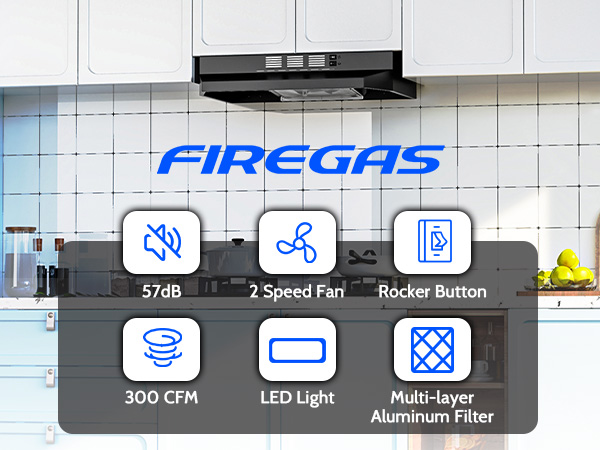 FIREGAS Black Range Hood 24 inch Under Cabinet Range Hood with 2 Speed Exhaust Fan,Ducted/Ductless Convertible,Rocker Button Control,300 CFM,Aluminum Filter