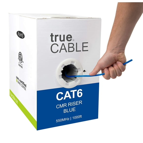 TRUE CABLE Cat6 Riser (CMR), 1000ft, Blue, 23AWG 4 Pair Solid Bare Copper, 550MHz, ETL Listed, Unshielded Twisted Pair (UTP), Bulk Ethernet Cable