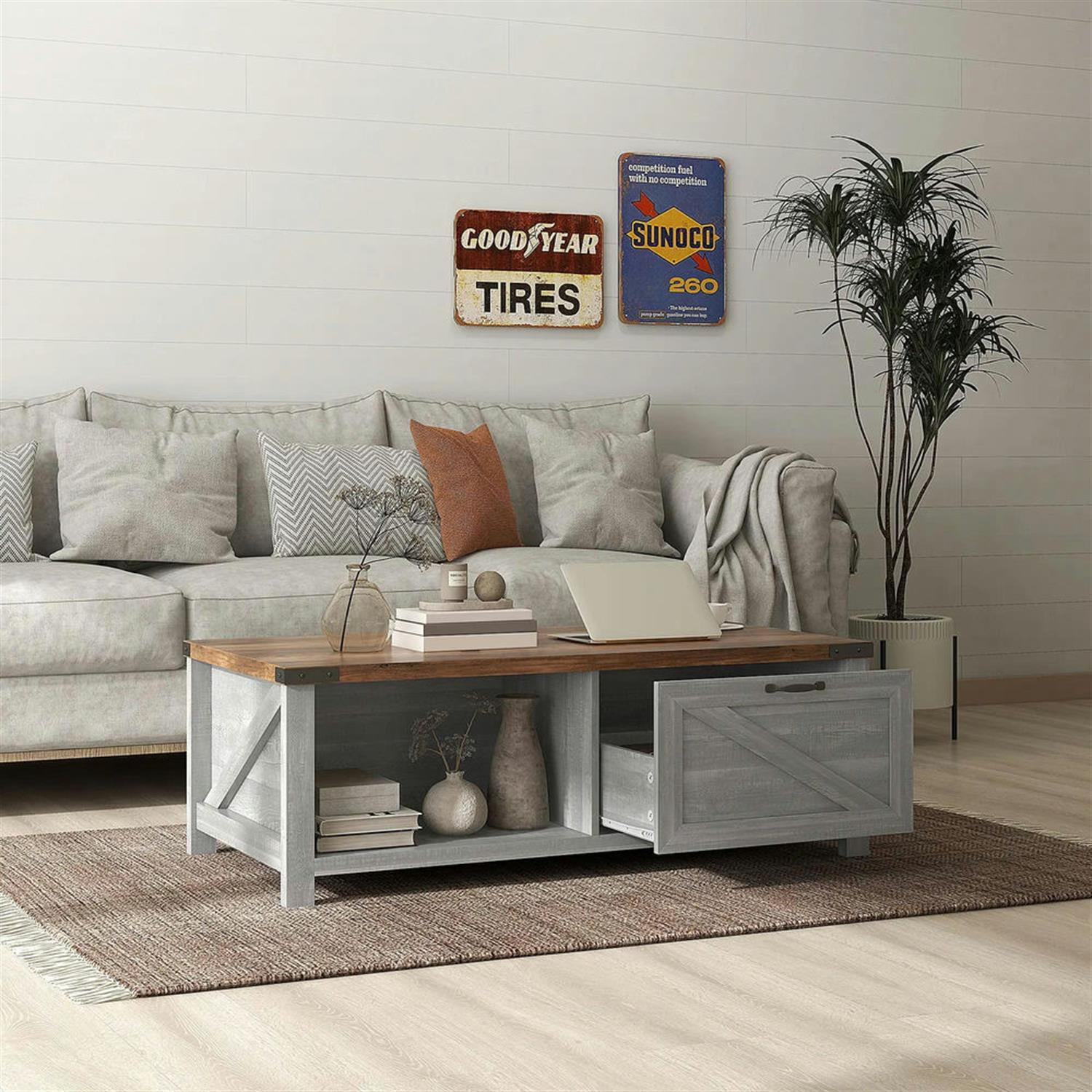 Demi Bonn 46" Rustic Coffee Table with Storage, Farmhouse End Table with Drawer & Open Shelf for Living Room, Space-Saving Console Table, Gray