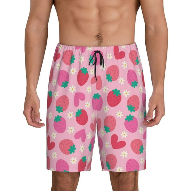 Balery Haear Strawberry Pantalones cortos de pijama de punto de algodón para hombre con cinturilla y bolsillos-Small