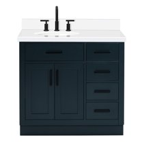 Ariel Hepburn 37 In. Left Offset Oval Sink Vanity With White Quartz Countertop 1.5" Edge In Midnight Blue