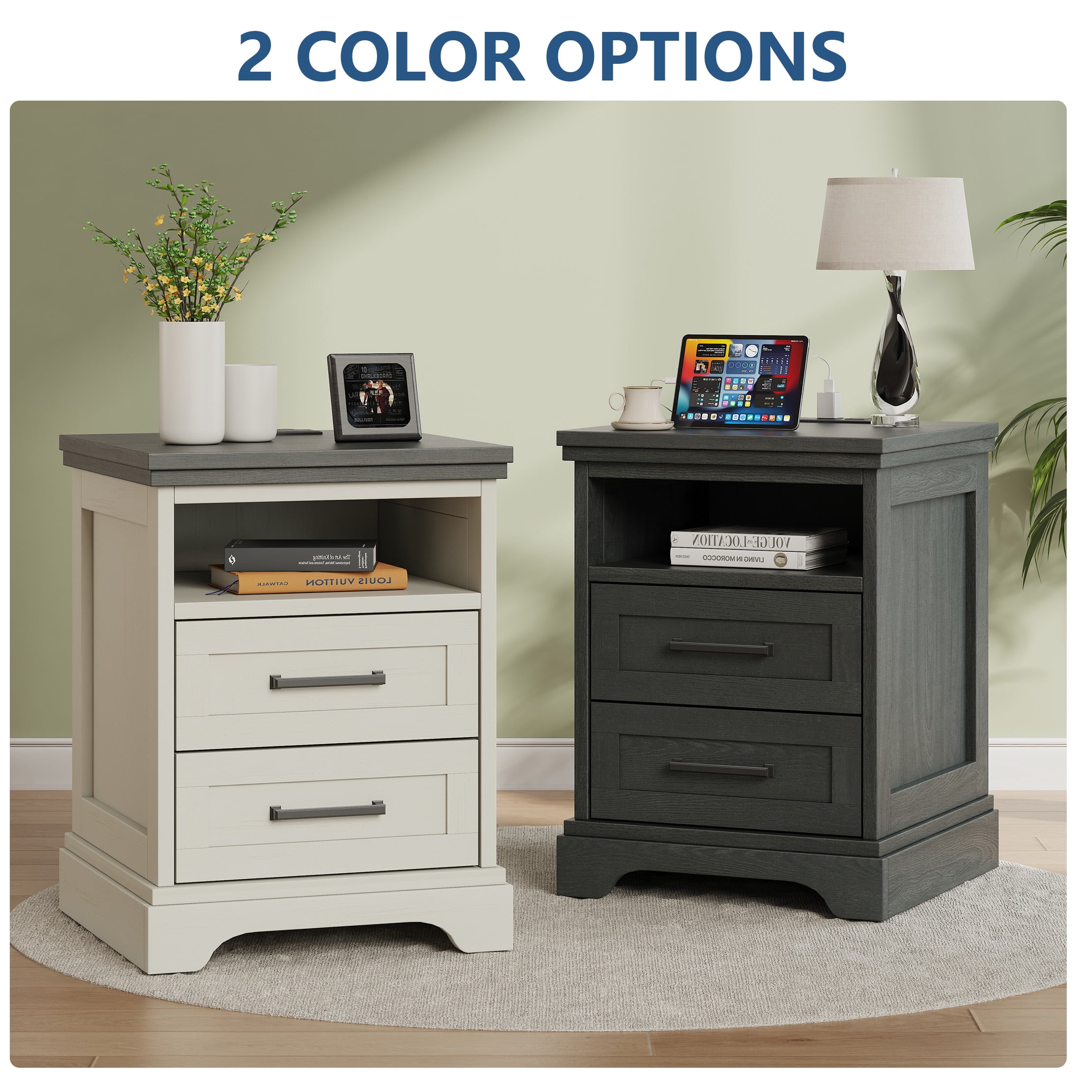 EDX 2 Drawers 24" Wood Nightstand with Drawers and Charging Station, Bedside Table for Bedroom or Living Room, Black