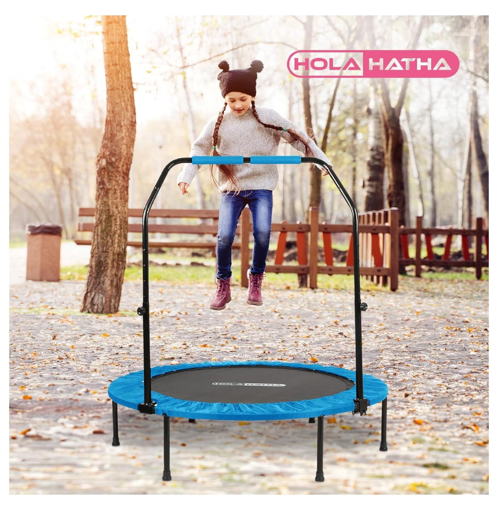 Foldable Mini Trampoline Home Gym Fitness Rebounder with 5 Level Adjustable Handle, Supportive 440 lb Capacity Workout Equipment, 40", Blue