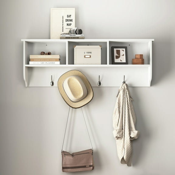 Hassch Coat Rack Wall Mounted, Entryway Hanging Shelf with Open Shelves and 4 Dual Hooks for Clothes, Hats, Towel, Purse, White