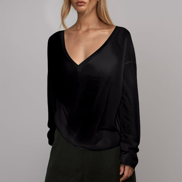 MHFRRA Camiseta de Manga Larga con Cuello En V, Fina y Ligeramente Transparente, para Mujer, Blusa Holgada Informal de Estilo Relajado. Negro