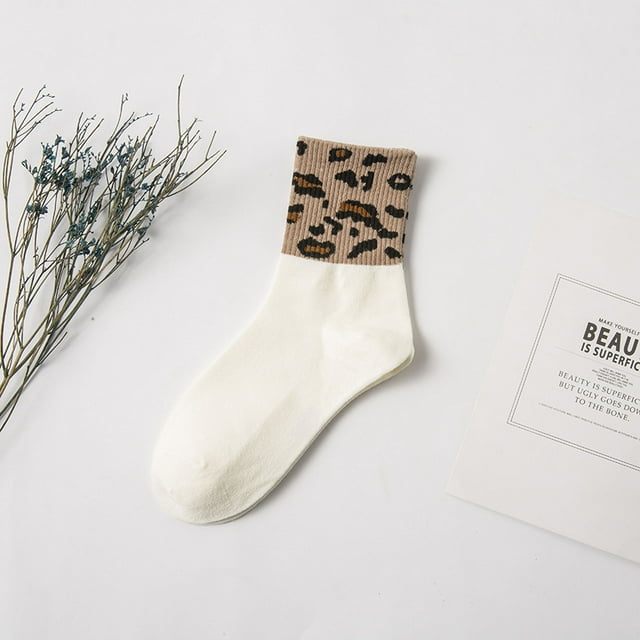 Spotted Leopard Print Women Socks Japanese Style Autuma Spring Summer Fashion Novelty Animal Pattern Mid-Tube Socks For Girls White 35-40
