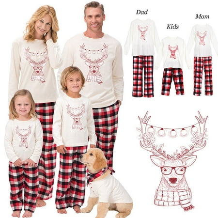 

Family Christmas Pajamas Set Xmas Cute Deer Sleepwear Homewear Reindeer Print Tops + Plaid Pants Outfits
