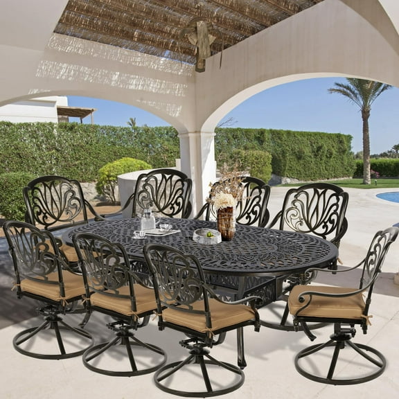 9-Piece Patio Cast Aluminum Dining Set, Outdoor Dining Furniture Set for 8 Person, includes 84" Oval Table and 8 Swivel Dining Chairs with Umbrella Hole for Patio Deck Garden, Tan