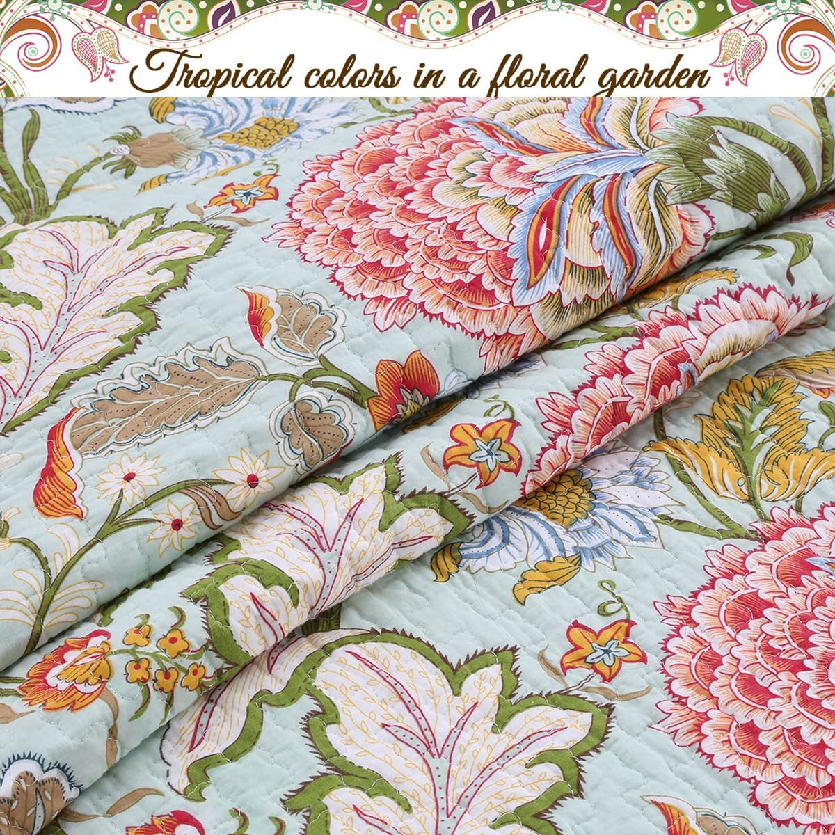 Cozy Line Aregada Floral Cotton 3-piece Reversible Quilt Bedding Set King French Country, Cottage Green