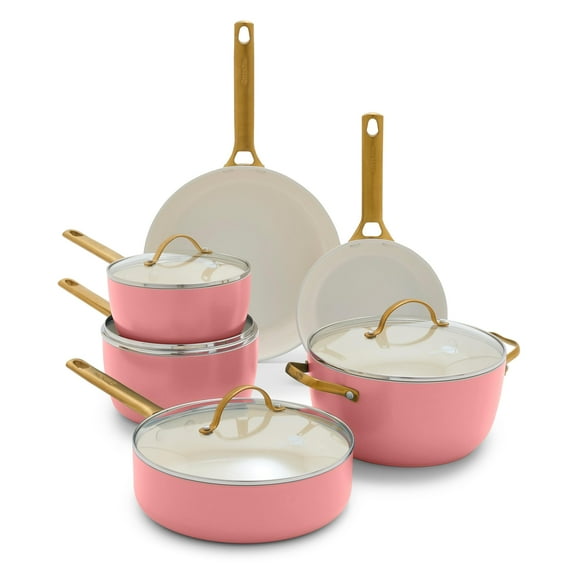 GreenPan Reserve Juego de ollas y sartenes antiadherentes de cerámica saludable, anodizado duro, 10 piezas, mangos de acero inoxidable en tono dorado, sin PFAS ni PFOA, apto para lavavajillas, horno y