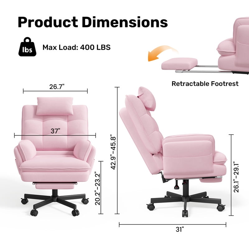 Hawsaiy Big and Tall Office Chair with Footrest, Ergonomic Executive Desk Chair with Flip-Up Arms, Reclining High Back Computer Chair with Headrest & Side Pockets, Pink