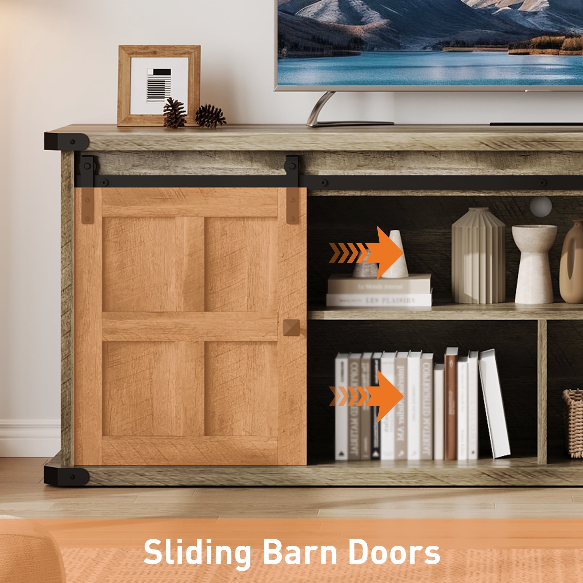 COZONY Farmhouse TV Stand for 75 Inch TV, Entertainment Center with Sliding Barn Doors and Storage Cabinets for Living Room,Light gray wood grain