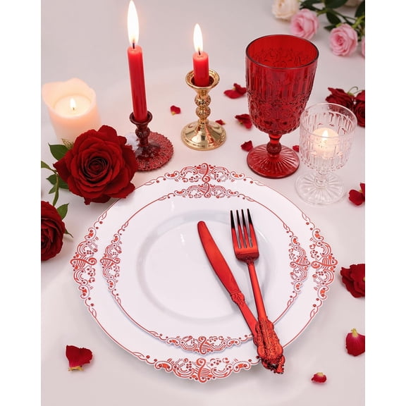 175PCS Red Plastic Plates - White Red Plastic Dinnerware Sets for 25 Guests