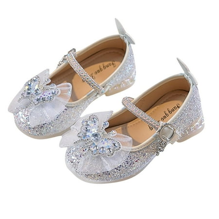 LLYWEY Girls Glitter Sequin Shoes  Toddler Girls Rhinestone Dress Shoes  Soft Rubber Formal Princess Wedding Party Low Heels Buckle Ankle Strap Pumps   Style S-4  White  33
