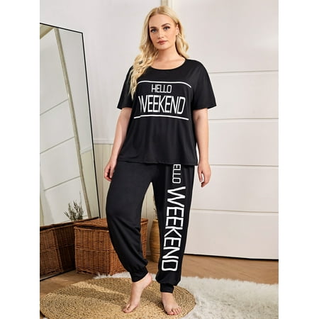 

Women s Plus Slogan Graphic Pajama Set 5XL(22) Black Casual F22001D