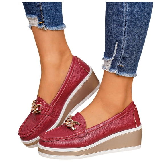 Women's Wedge Loafers Casual Comfortable Orthopedic Platform Sneakers Business Non Slip Walking Fashion Retro Slip on Work Shoes Red Size 9.5