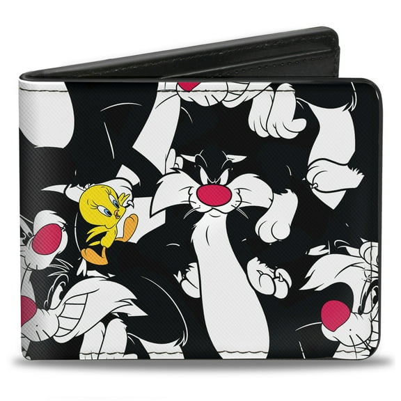 Looney Tunes Wallet, Bifold, Sylvester And Tweety Poses Scattered Black, Vegan Leather