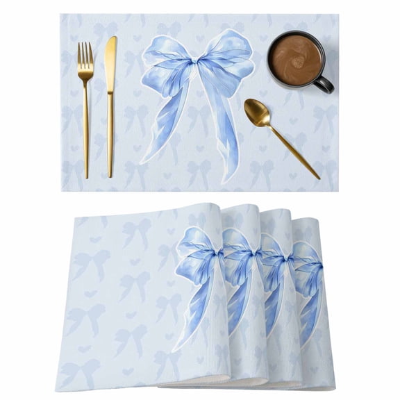 Cute Bow Placemats Set of 6, Blue Bowknot Minimalist Solid Color Placemats for Dining Table, Place Mats for Kitchen Tabletop, Waterproof Wipeable Dining Table Mats Set
