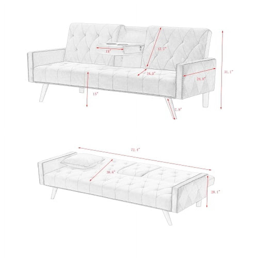 72" Velvet Convertible Sofa Bed with Cup Holders & Nailhead Trim, 3-in-1 Sleeper for Small Spaces, Pink
