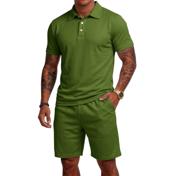 Men'S Breathable Collared Polo Shirt Short Sleeve And Elastic Waist Drawstring Shorts Set Casual Athletic Tracksuits For Summer Outdoor,Army Green,XXL