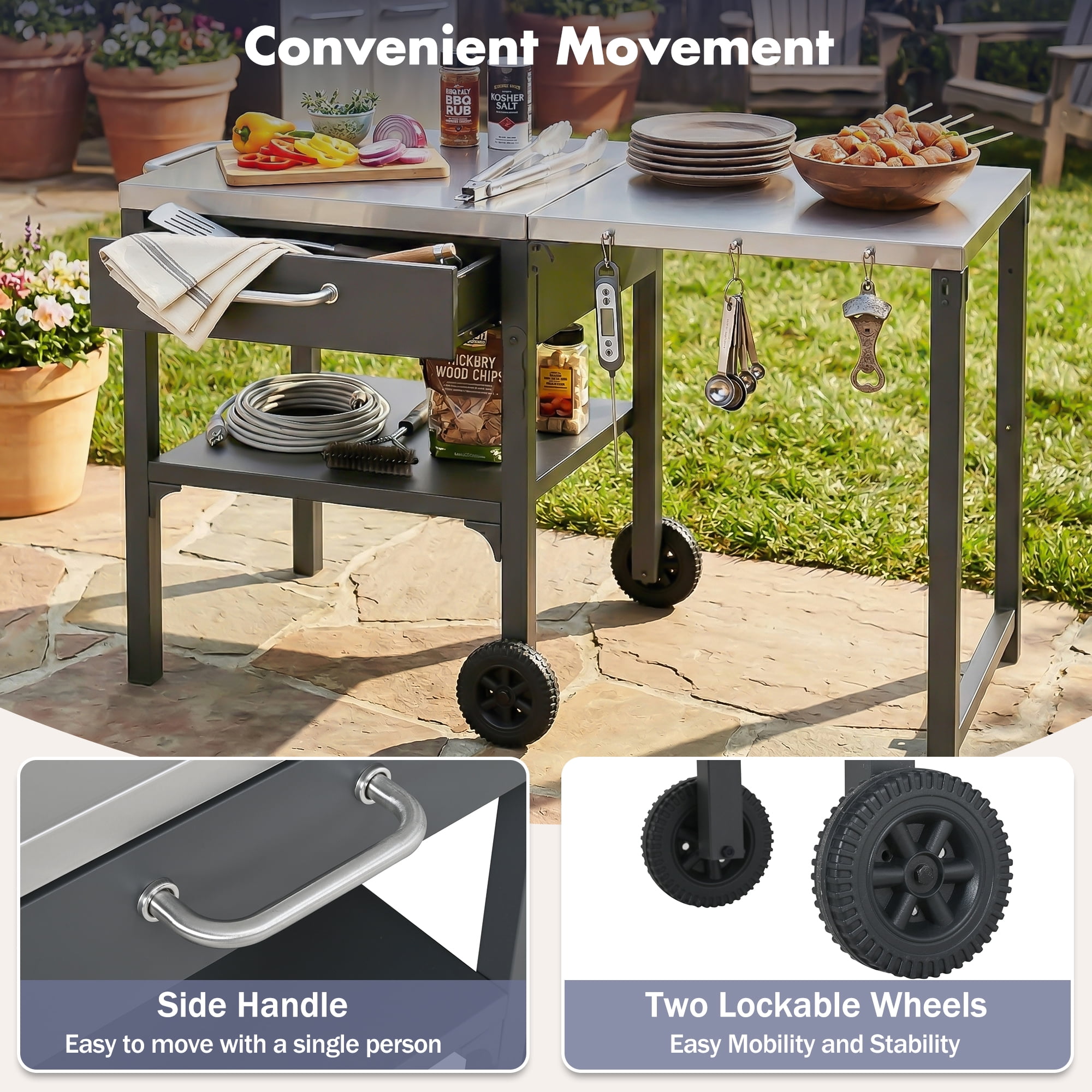Portable Outdoor Kitchen Cart, Foldable BBQ Prep Station for Backyard Patio, Gray