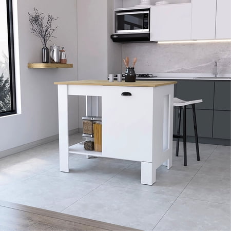 White And 1-door Kitchen Island With Open Shelf - Stylish Workspace In Functional Enhancement Option