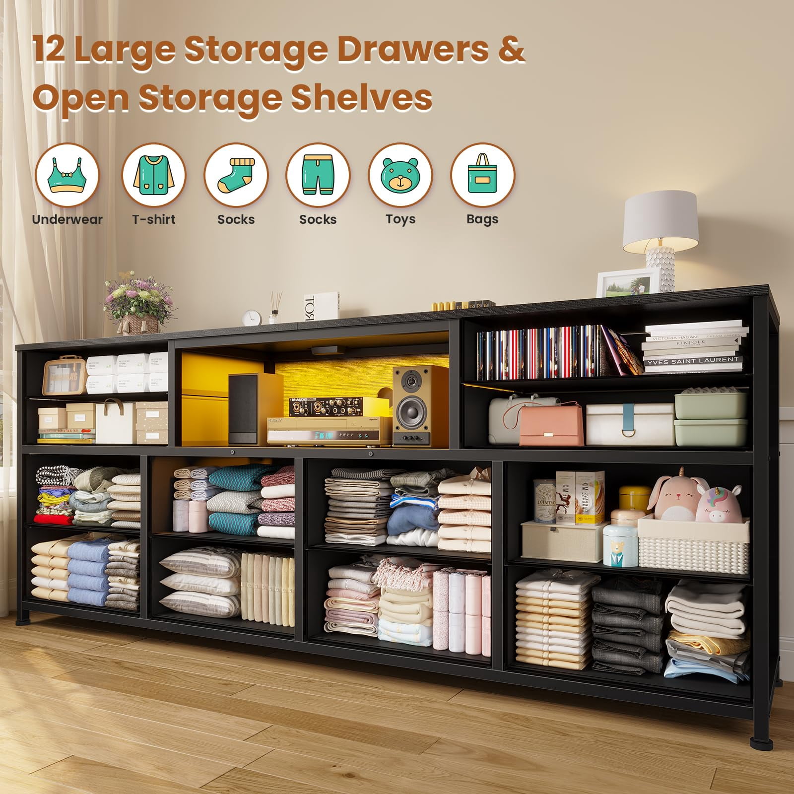 63 inch TV Stand Dresser with LED Light and Power Outlets for Bedroom , Media Console Table for 32/45/55/65 inch TVs,Entertainment Center with 12 Drawers,Black Wood Grain