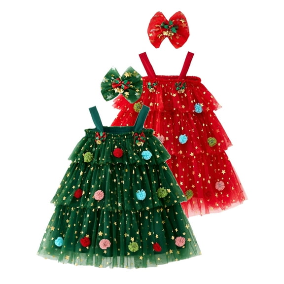 WIBACKER 6M-6T Toddler Baby Girl Christmas Dress With Headband Kids Star Sequins Layered Tulle Dress Girls Cake Smash Xmas Tree Dresses