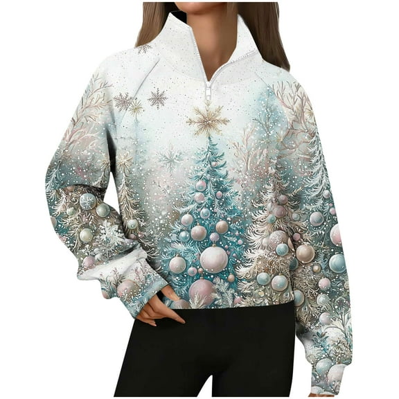Women's Christmas Sweatshirt Half Zip Lapel Collar Print Long Sleeve Pullover Tops Blue M