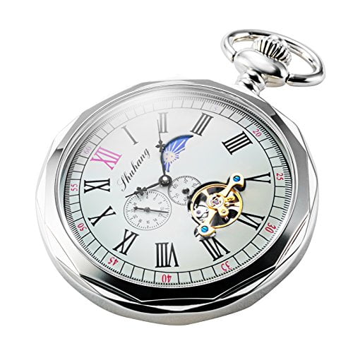 TREEWETO Mechanical Pocket Watches Silver Roman Numerals Open Face