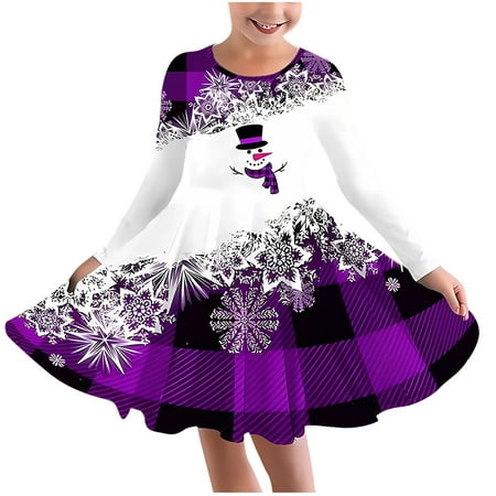 

Kids Casual Dresses Girls Christmas Printed Long Sleeve Stretchy Dress a Line Twirly Skater School Recital Dress Long Sleeve Round Neck Dress Girls Romper Dress Purple 4Y