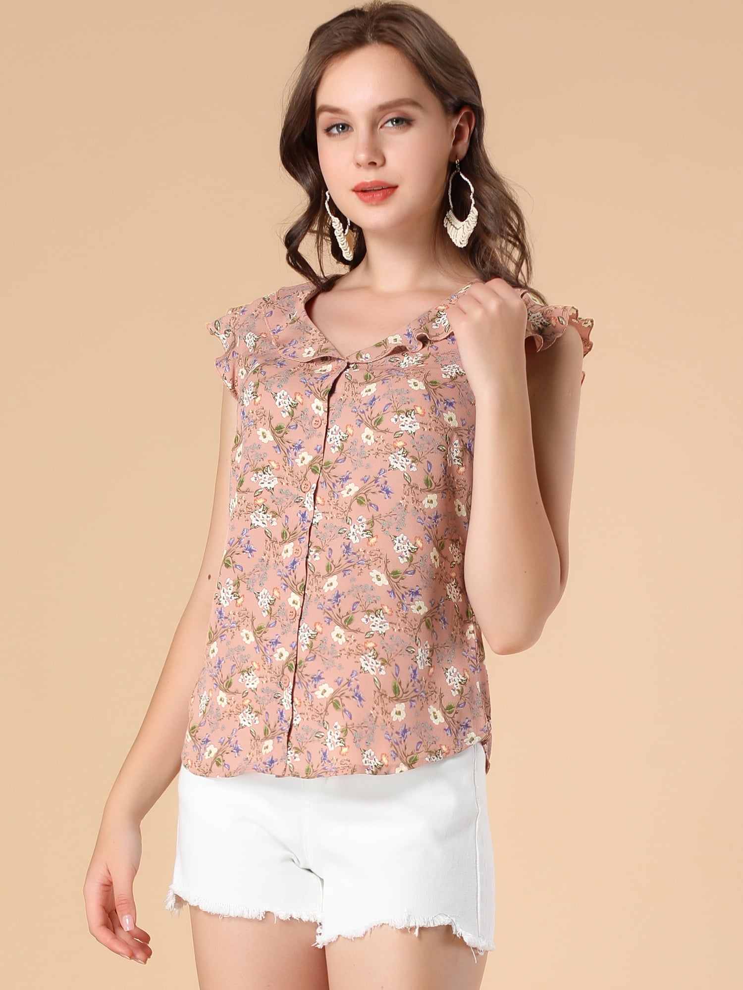 DARING DIVA Women's Ruffle Sleeveless Button Up Floral Shirt L Dark Pink