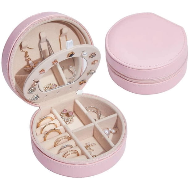 Joyero rosa, pequeño organizador de viaje para joyas, de piel sintética, para mujer y niña, ideal para guardar collares, pendientes, anillos y accesorios.